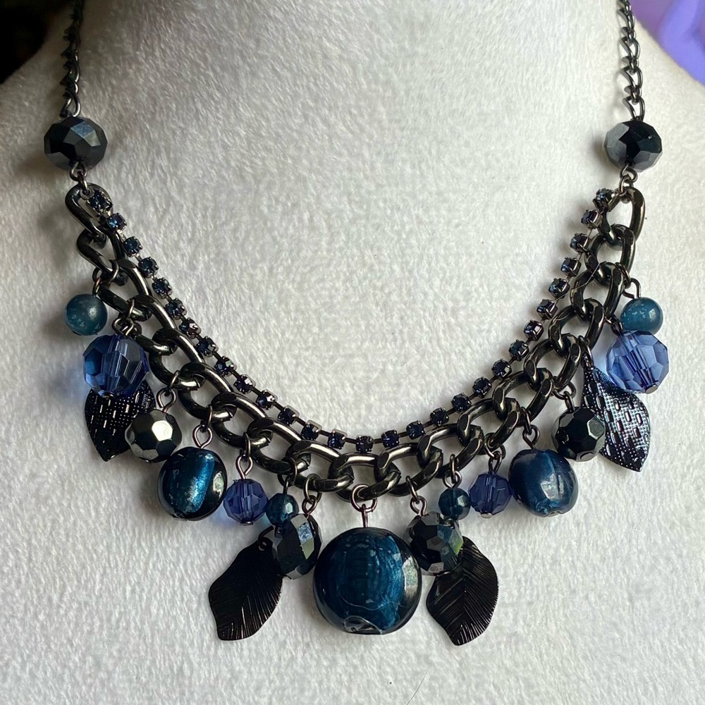 🔵 Cookie Lee Shades of Blue and Healing Hematite Beaded Statement Necklace